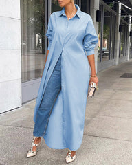 Button Down Maxi Shirts Dress Long Sleeve Collared V Neck Kaftan Loose Long Dress Coat