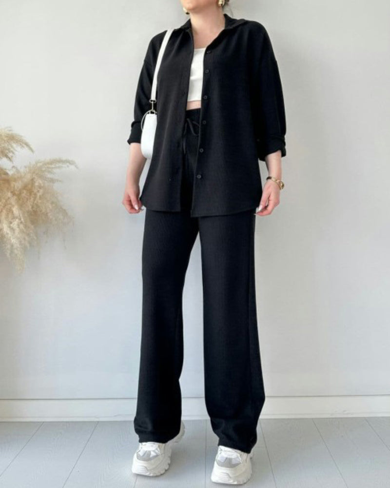 Simple Casual Two-Piece Set Lapel-Neck Shirt+Wide-leg Pants