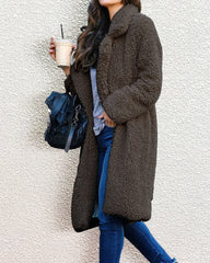 Fuzzy Fleece Lapel Open Front Long Cardigan Coat