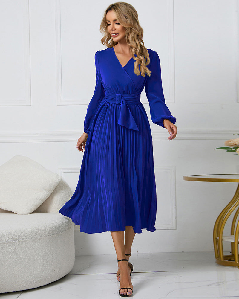 Elegant Wrap V Neck Lantern Sleeve Bulted Pleated Flowy Midi Dress