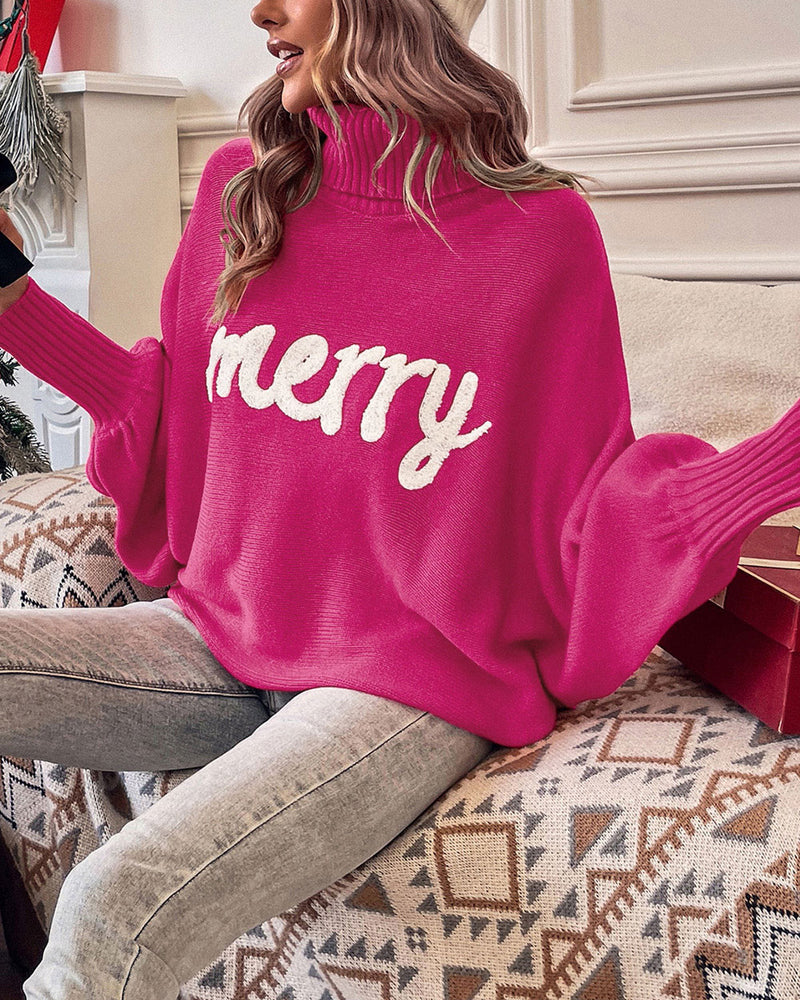 Merry Letter Embroidered High Neck Sweater