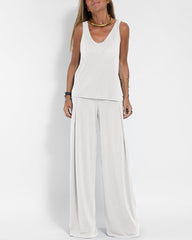 Casual Two Pieces Set Sleeveless V neck Vest Tops and Wide Leg Long Pants