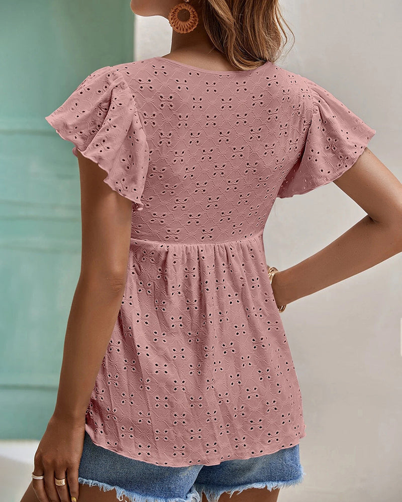 Eyelet Tie-Neck Flutter-Sleeve Top Solid Color Casual Blouse