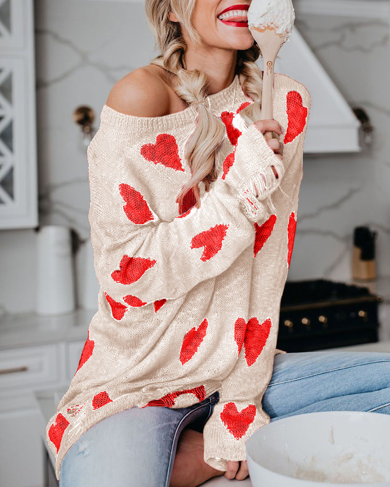 Hooking Hollowed-out Ripped Love Knit Sweater