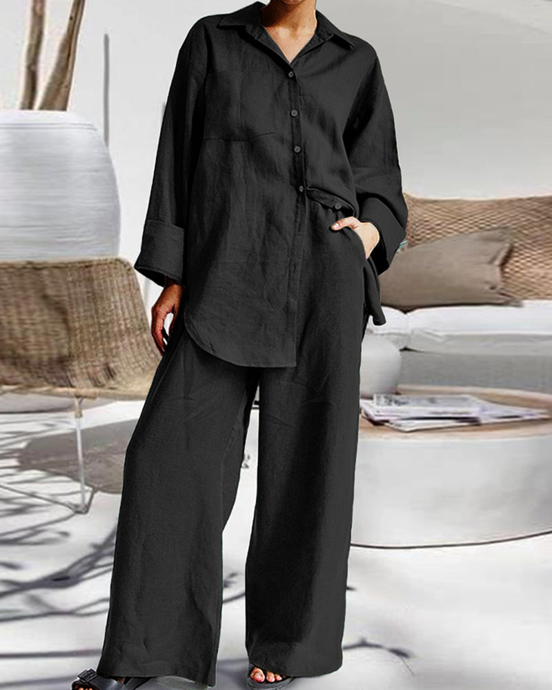 Casual Retro Two-Piece Sets Long Sleeve Loose Shirt and Elastic Waist Wide Leg Pants