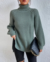 Mid-Length Raglan Sleeve Turtleneck Slit Sweater