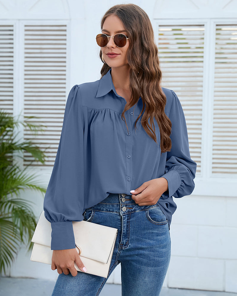 V Neck Button Down Shirts Long Sleeve Collared Blouses Tops