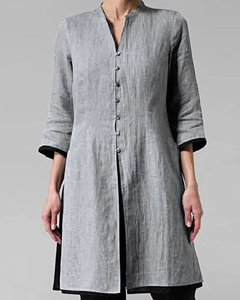 Vintage 3/4 Sleeve Single-breasted Irregular Hem Tunic Top Long Shirt Dress