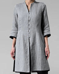 Vintage 3/4 Sleeve Single-breasted Irregular Hem Tunic Top Long Shirt Dress