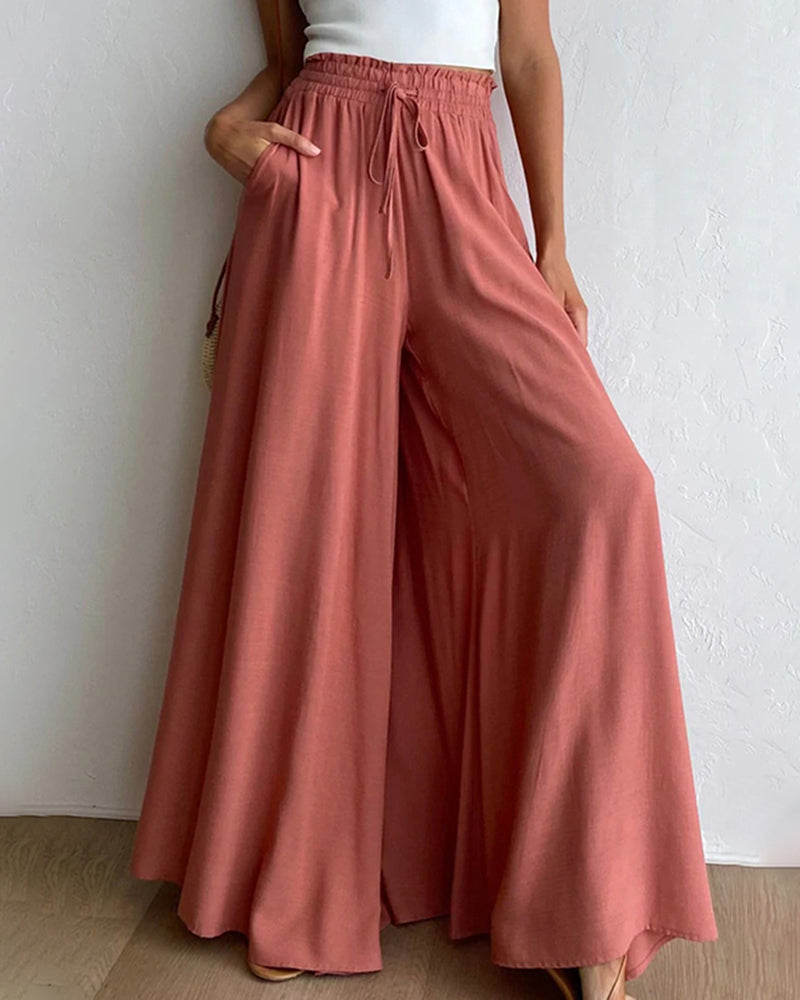 Wide Leg Flowy Pants Summer Boho Elastic Waist Drawstring Palazzo Trousers