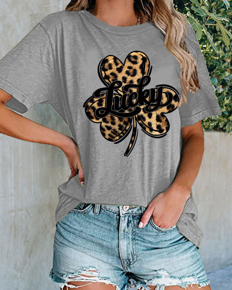 Lucky Clover Leopard Shirt Women's Casual Short-sleeved Top