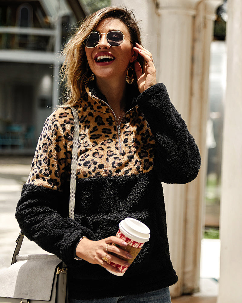 Leopard Color Block Tops Long Sleeve Coat Sweatshirt