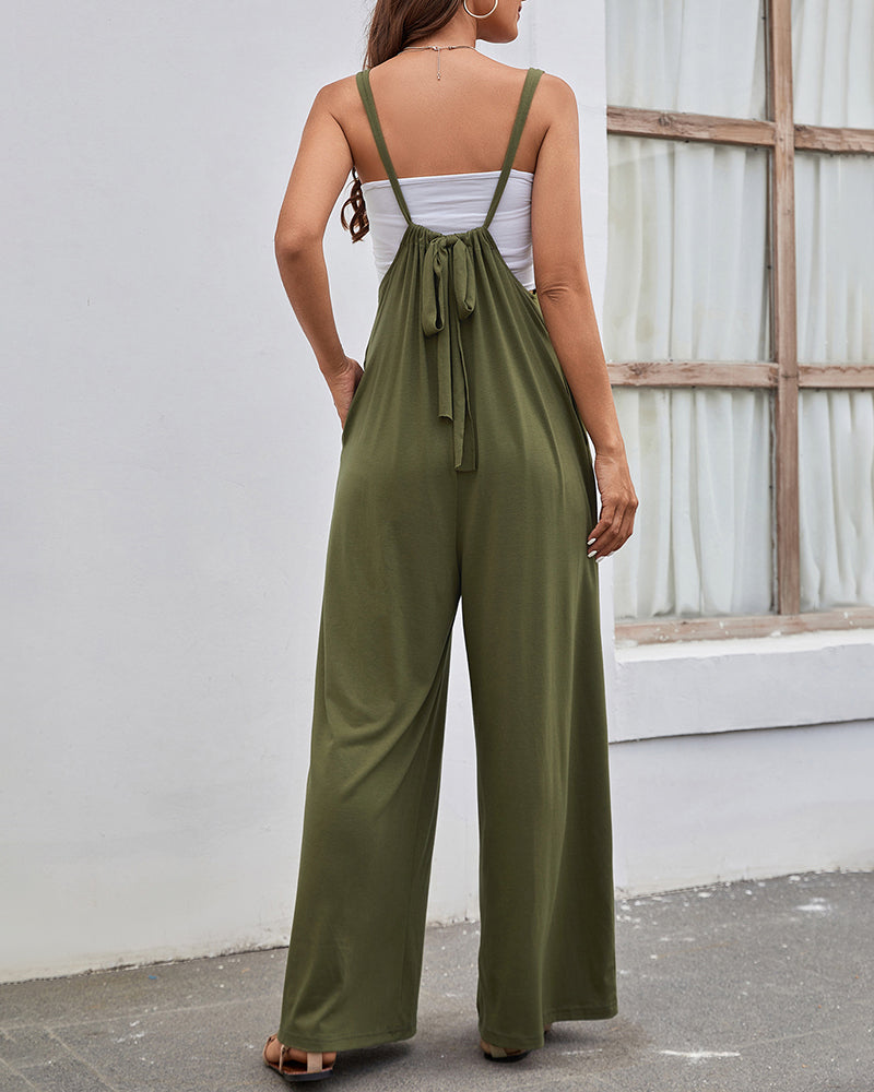 Flowy Wide Leg Jumpsuit Spaghetti Strap High Rise Bodysuit Solid Loose Romper