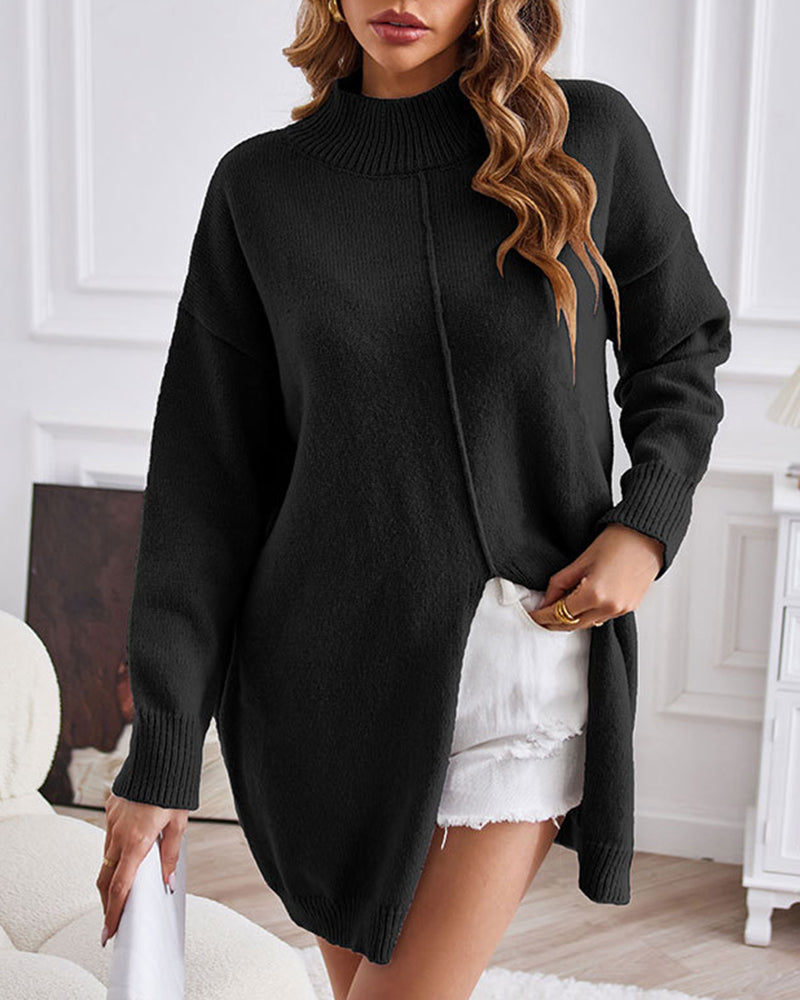 Turtleneck Slit-front Mid-Length Sweater