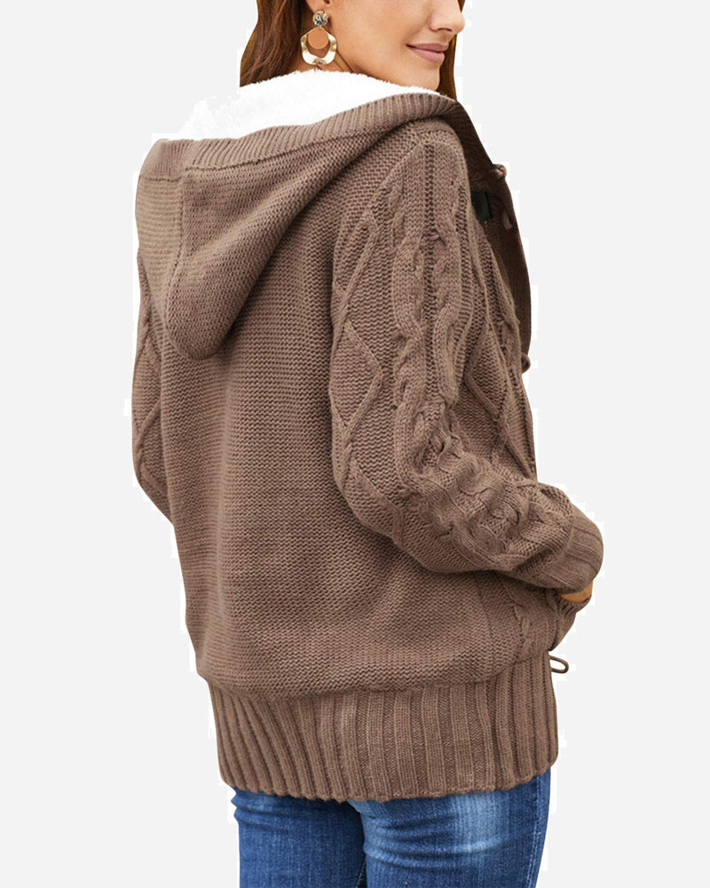 Casual Loose Fitting Fluffy Button Down Knitwear Coatigan Chunky Cable Hooded Cardigan