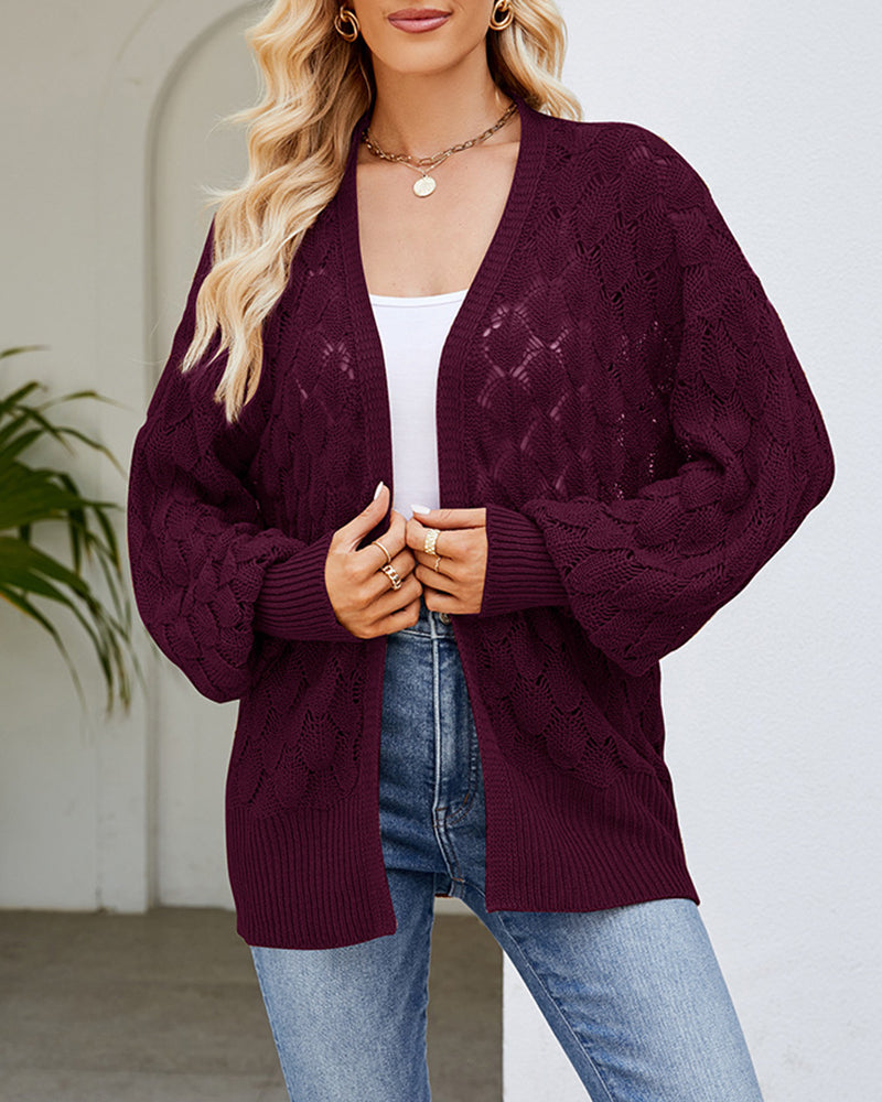 Solid Color Hollowed Out Knitted Cardigan Loose V-Neck Long Sleeved Cardigan Top