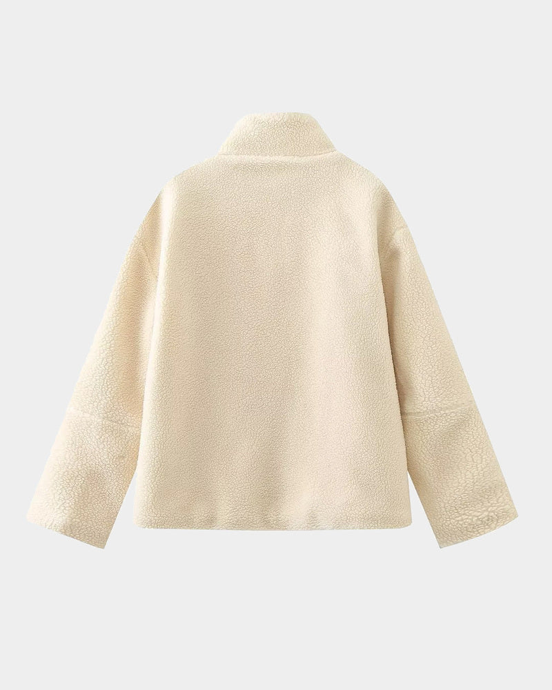 Teddy Fleece Jacket Cozy High Collar Zip-up Coat Fuzzy Winter Outwear with Pockets