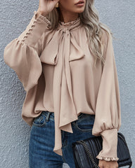 Plain Collared Chiffon Shirt High Neck Bow Tie Bubble Long Sleeve Blouse