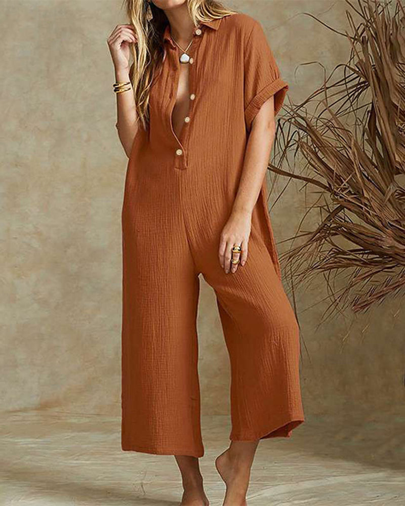 Short Sleeve V Neck Jumpsuit Button Down Turndown Collar Wide Leg Jumpsuit