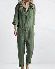 Casual Lapel Pocket Long Sleeve Solid Color Cotton Jumpsuit