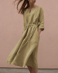 Cotton And Linen V-Neck Lace up Pocket 3/4 Length Sleeve Summer Dresses