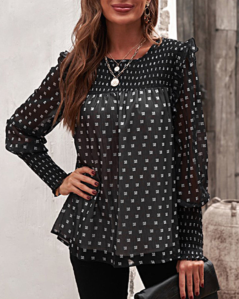 Polka Dot Chiffon Blouse Top Ruffle Lantern Sleeve Shirts Long Sleeve Office Blouse