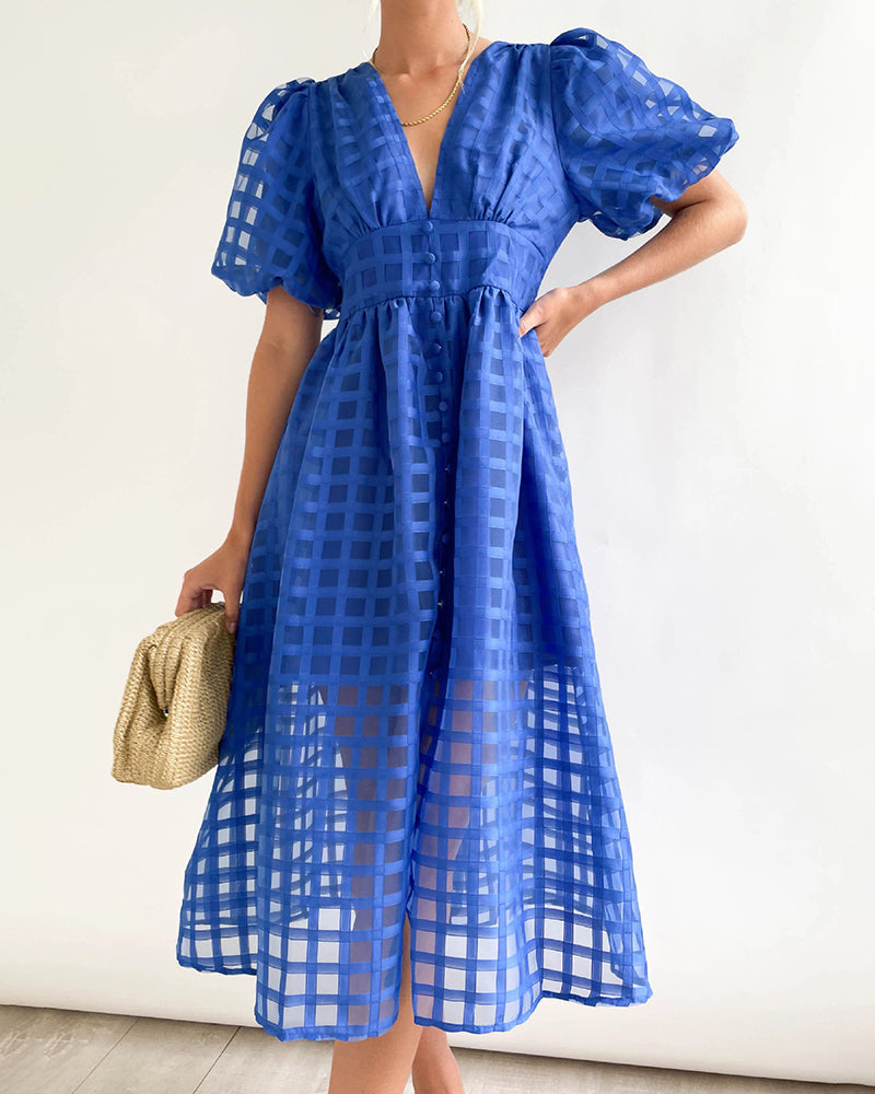 Deep V Neck Short Puff Sleeve Plaid Midi Dress Elegant Button Front Beach Flowy Dress