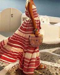 Strap Stripe Print V Neck Boho Long Maxi Dress Summer Flowy Tie Waist Beach Sundress
