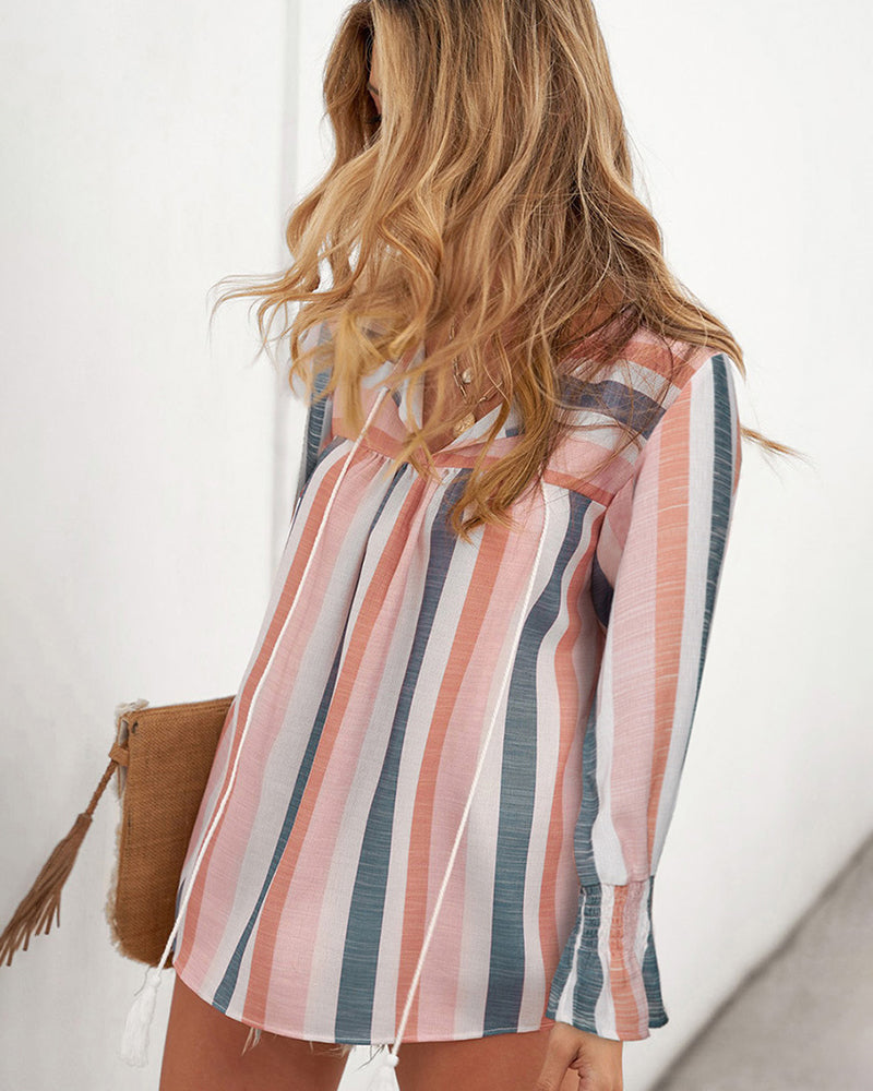 Striped Shirt V-neck Long-sleeved Top T-shirt