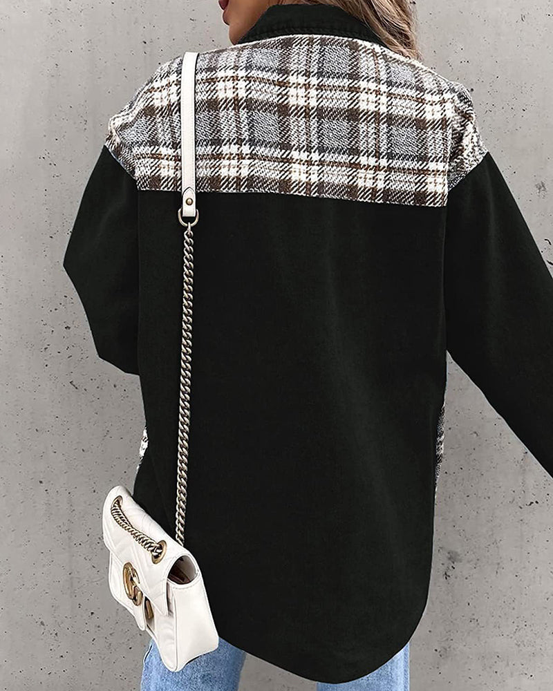 Plaid Patchwork Jackets Lapel Collar Spliced Button Down Pockets Overcoats