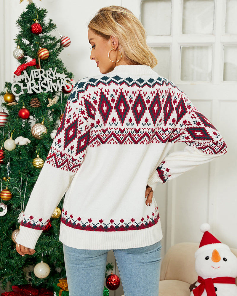 Geometric Crewneck Dropped Shoulder Sweater