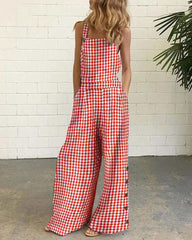 Sleeveless Overalls Jumpsuit Casual Plaid Print Summer Wide Leg Bib Jumpsuits