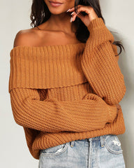 Off-The-Shoulder Slim Warm Slim Soft Style Long Sleeve Knitted Pullover