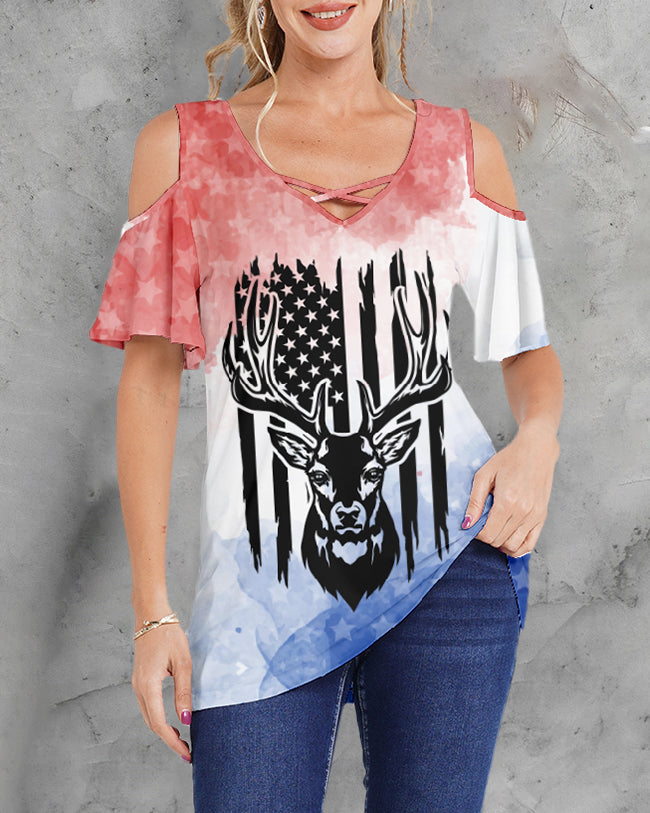 Independence Day Skull Graphic Cold Shoulder T-shirts Daily Loose Short Sleeve V Neck Tee Basic Tops