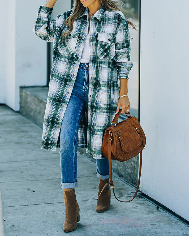 Plaid Flannel Long Shacket Jacket Coat