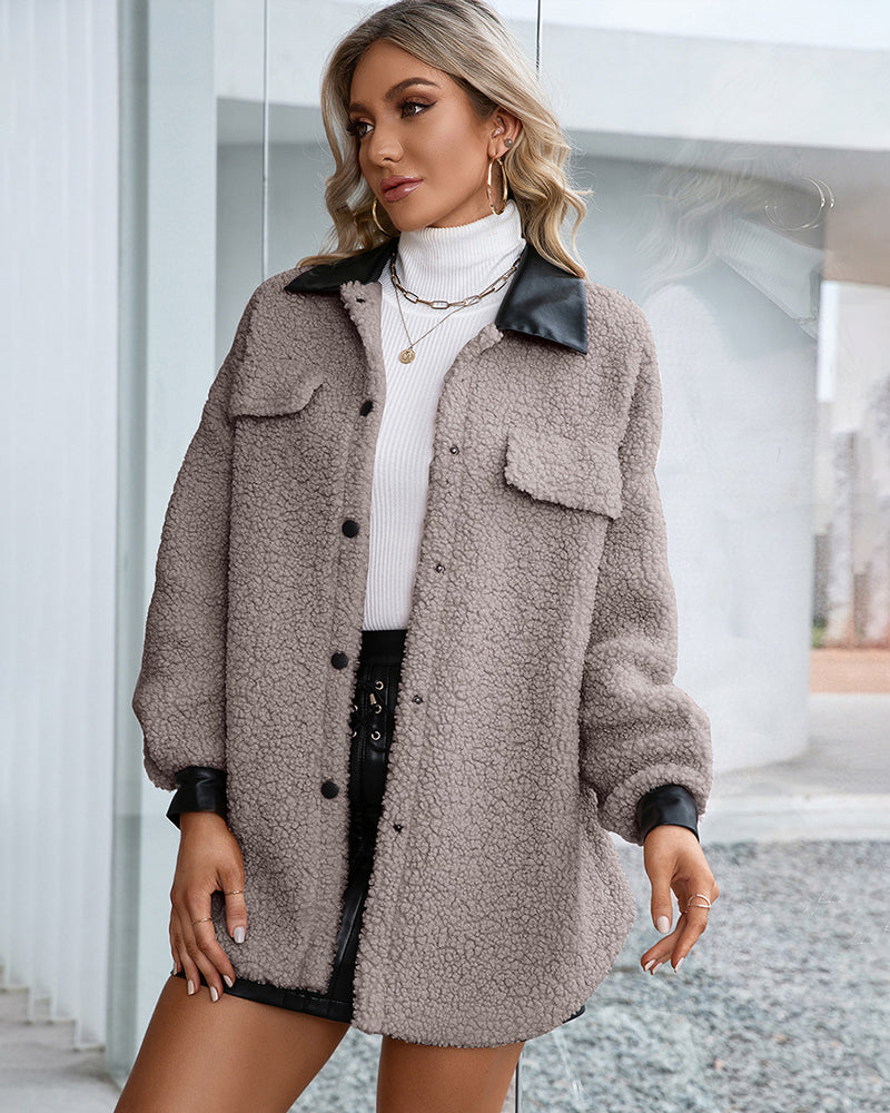 Lapel Collar Plush PU Single-breasted Trench Coat