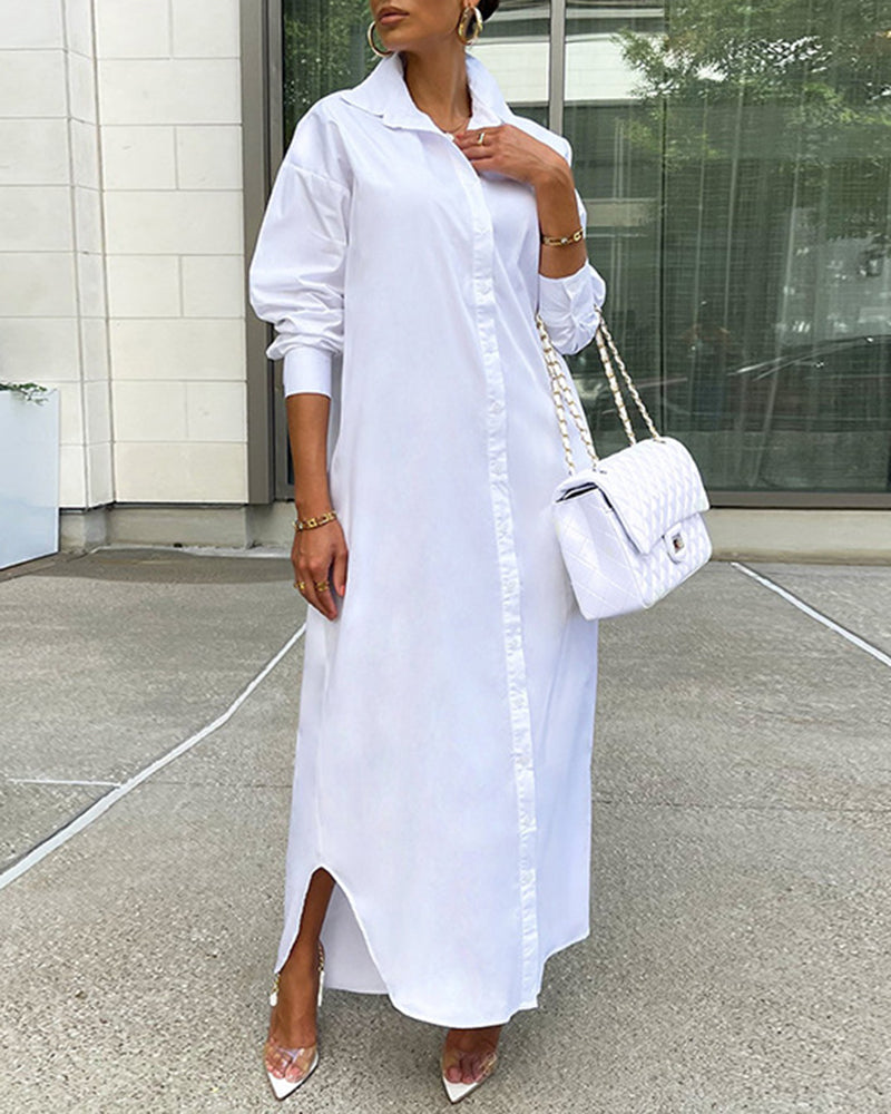 Button Down Maxi Shirts Dress Long Sleeve Collared V Neck Kaftan Loose Long Dress Coat