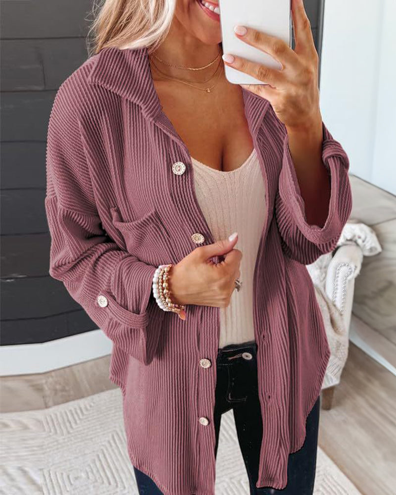 Striped Single-breasted Mid-length Corduroy Shirt Jacket