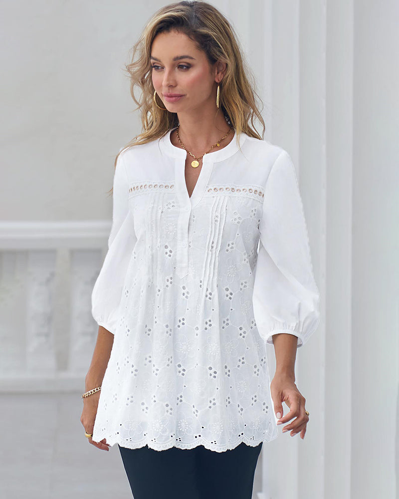 Lace Crochet V Neck Half Sleeve Embroidery Button Down Blouses Casual Shirts