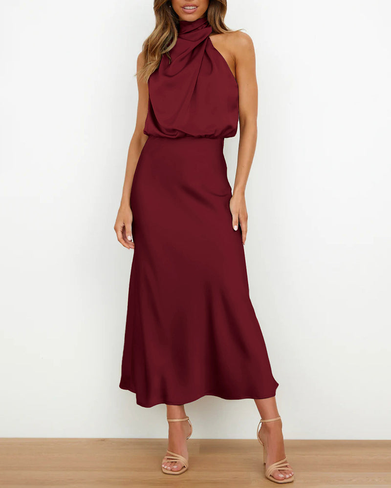 Long Formal Satin Dress Mock Neck High Neck Evening Dress