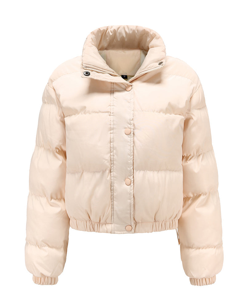Short Puffer Jacket Stands Up Button Zipper Outerwear