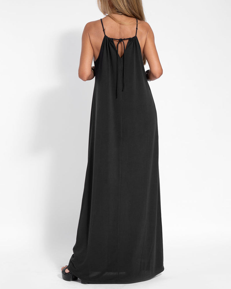 Two-piece Halterneck Tie Sleeveless Long Dress and Irregular Cardigan Set
