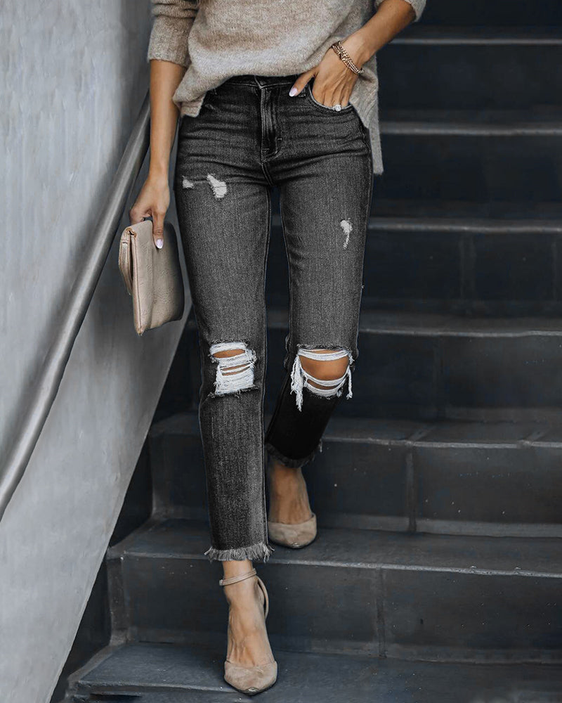 Ripped Stretch Skinny Jeans Mid Waist Distressed Denim Pants