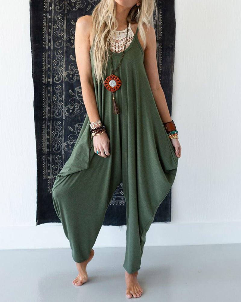 Casual Loose Summer Rompers Sleeveless Loose Spaghetti Strap Baggy Overalls Harem Jumpsuits