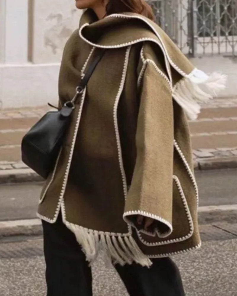 Women's Thickened Loose Woolen Coat with Fringed Scarf