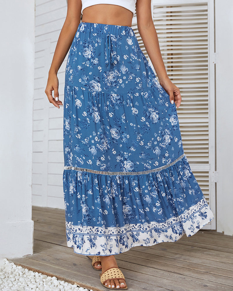 Bohemian Floral Skirt Elastic High Waist A- Line Tiered Flowy Beach Maxi Skirt