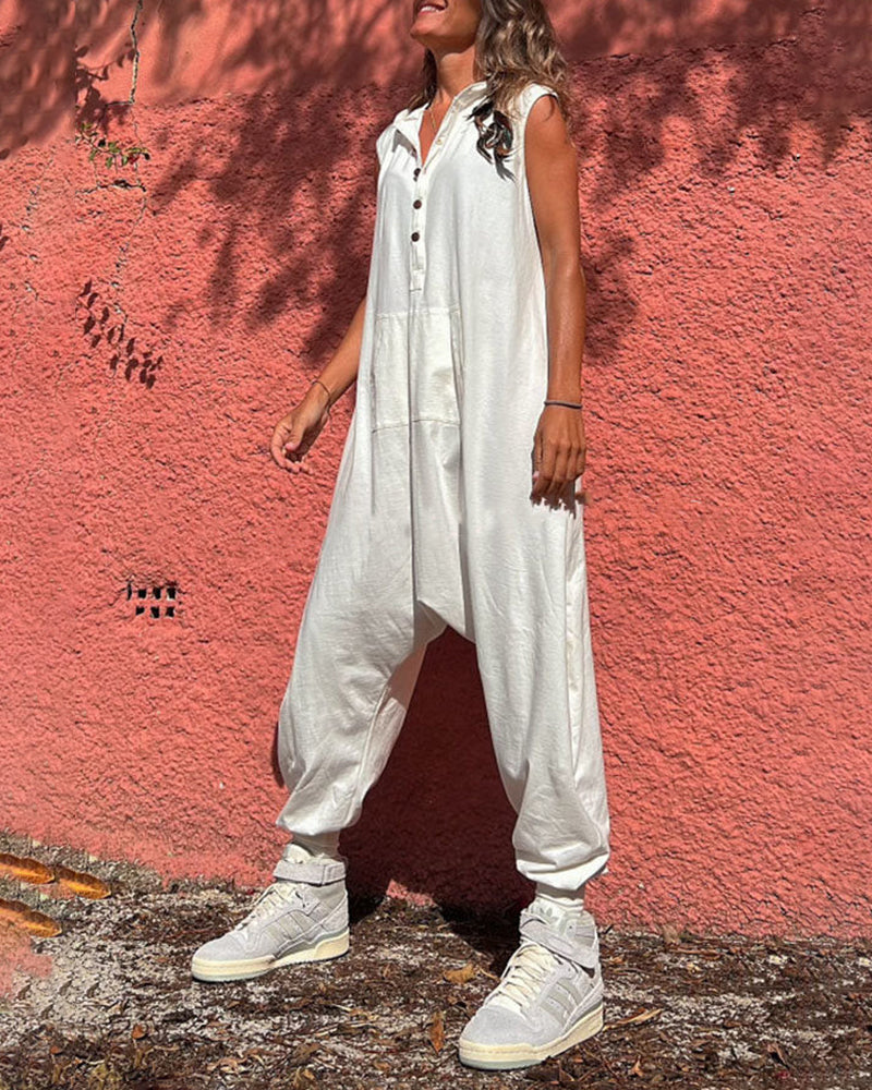 Hooded Button Down Trousers Baggy Trousers Jumpsuit Overalls