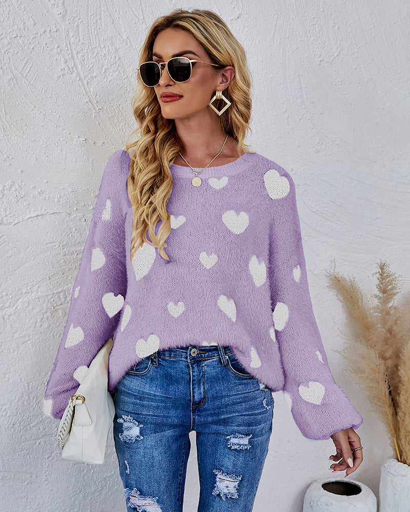 Love Pattern Round Neck Knit Sweater