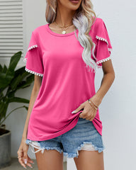 Pom-Pom Trim Flutter Sleeve Round Neck Tee Casual Blouses Tops