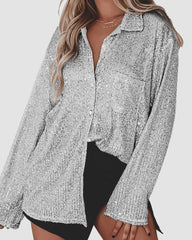 Solid Color Button-down Long-sleeve Sequined Cardigan Shirt